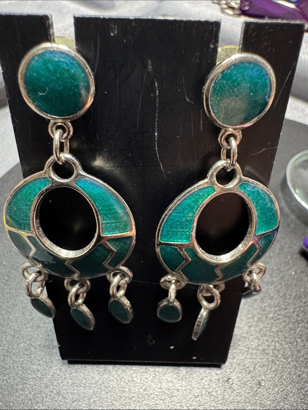 Teal Dangle Hoop Earrings with Enamel Inlay - Women Jewelry